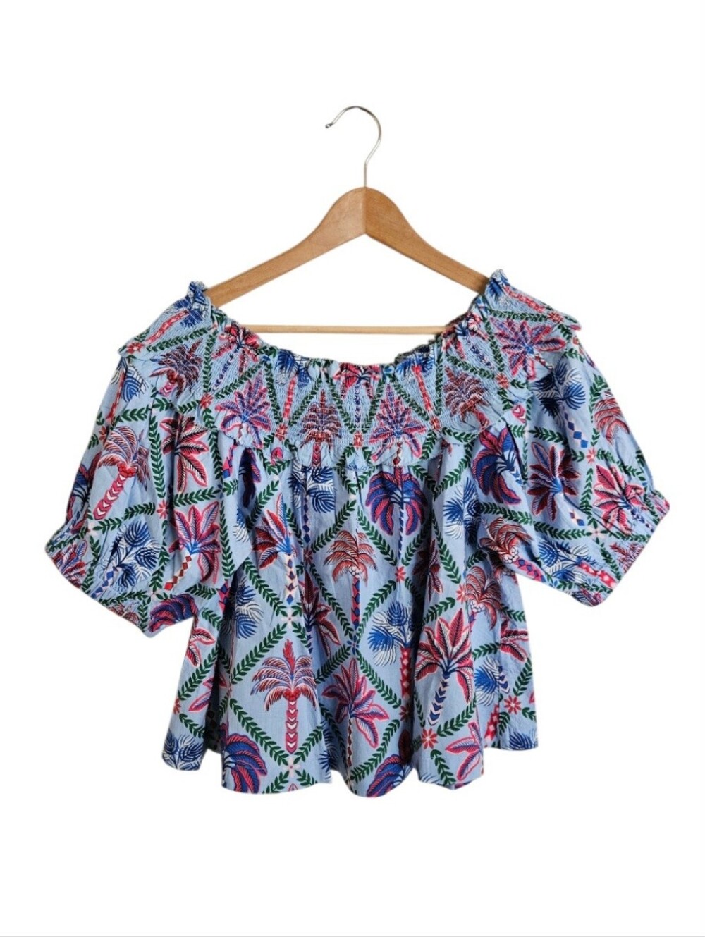 Printfresh Blue Palm Tree Paradise Ximena Blouse In Lilac Escape Size L NEW